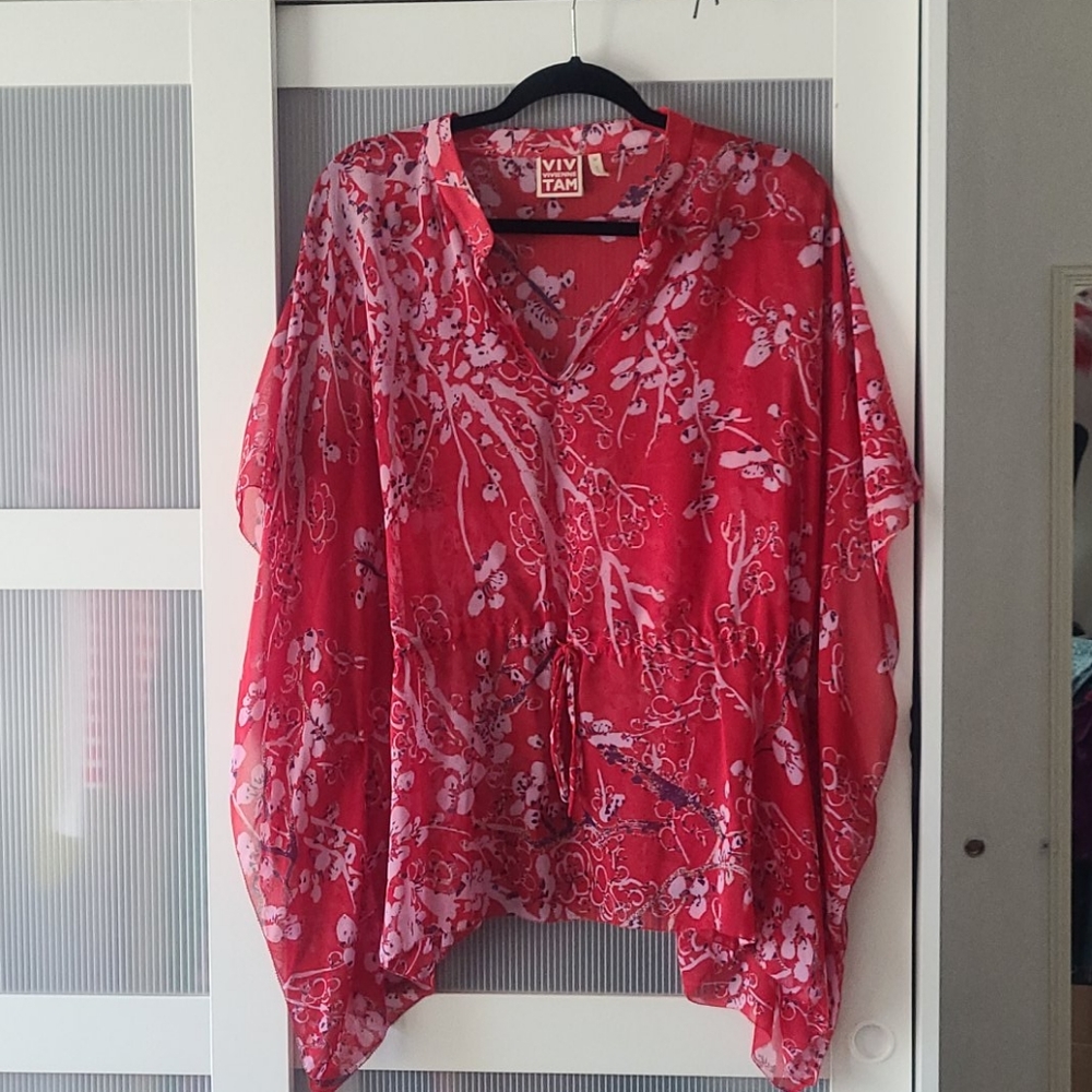 Red Printed Sheer Kimono Top